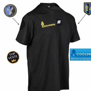 TEE SHIRT GENDARMERIE NOIR COOLDRY ANTI HUMIDITE MAILLE PIQUEE MARQUAGE JAUNE